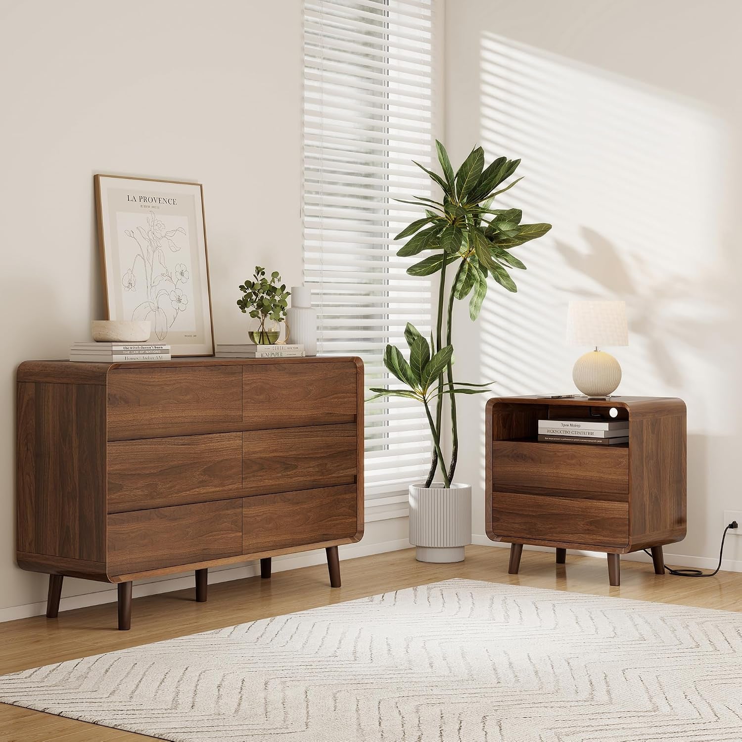 Mid Century Modern Dresser for Bedroom, 47'' Wide Dressers & Chests of Drawers with 6 Storage Drawers, Wood TV Stand Dresser for Closet, Walnut