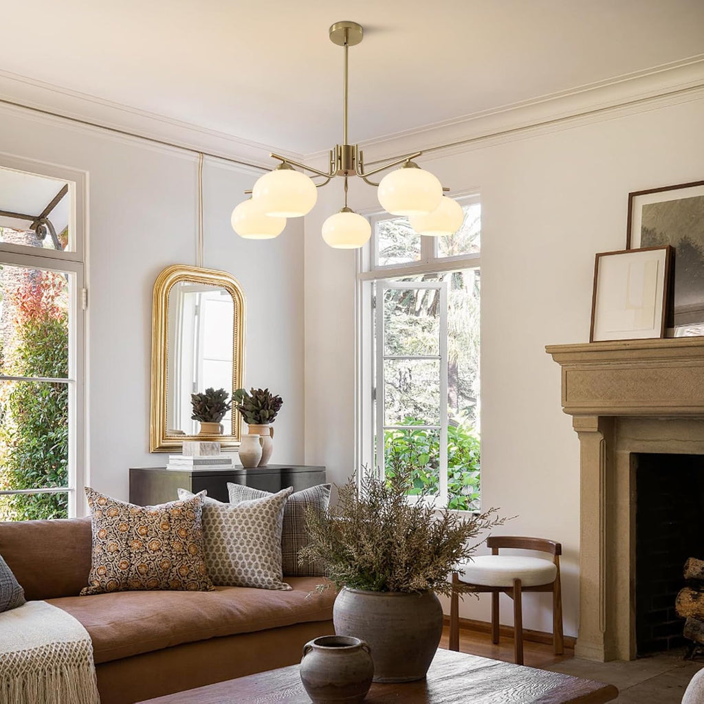 5-Light Brushed Brass Gold White Milk Glass Globe Sputnik Chandelier | 7.1” Shade, Adjustable Height, Mid Century Modern Ceiling Pendant Light Fixture for Dining Room Kitchen Living Room Bedroom