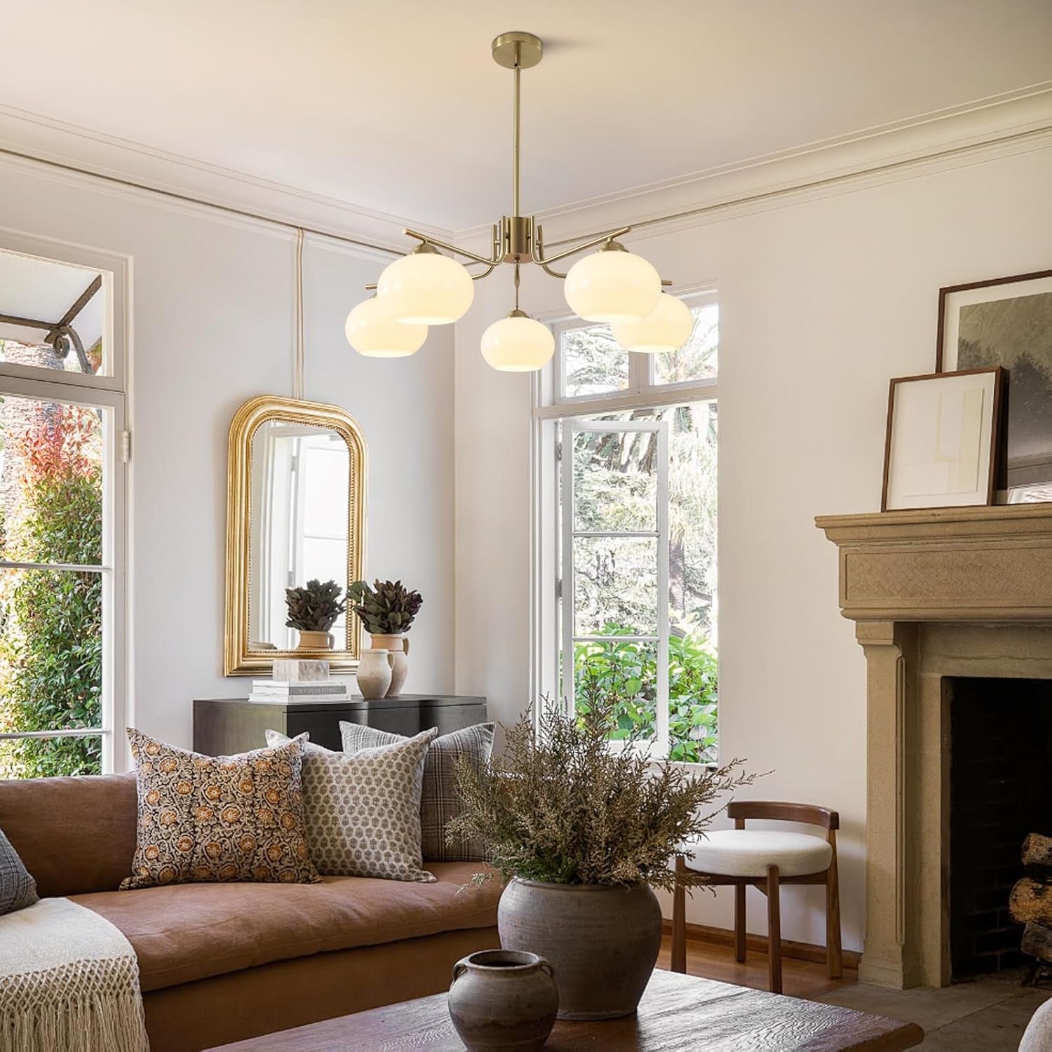 5-Light Brushed Brass Gold White Milk Glass Globe Sputnik Chandelier | 7.1” Shade, Adjustable Height, Mid Century Modern Ceiling Pendant Light Fixture for Dining Room Kitchen Living Room Bedroom
