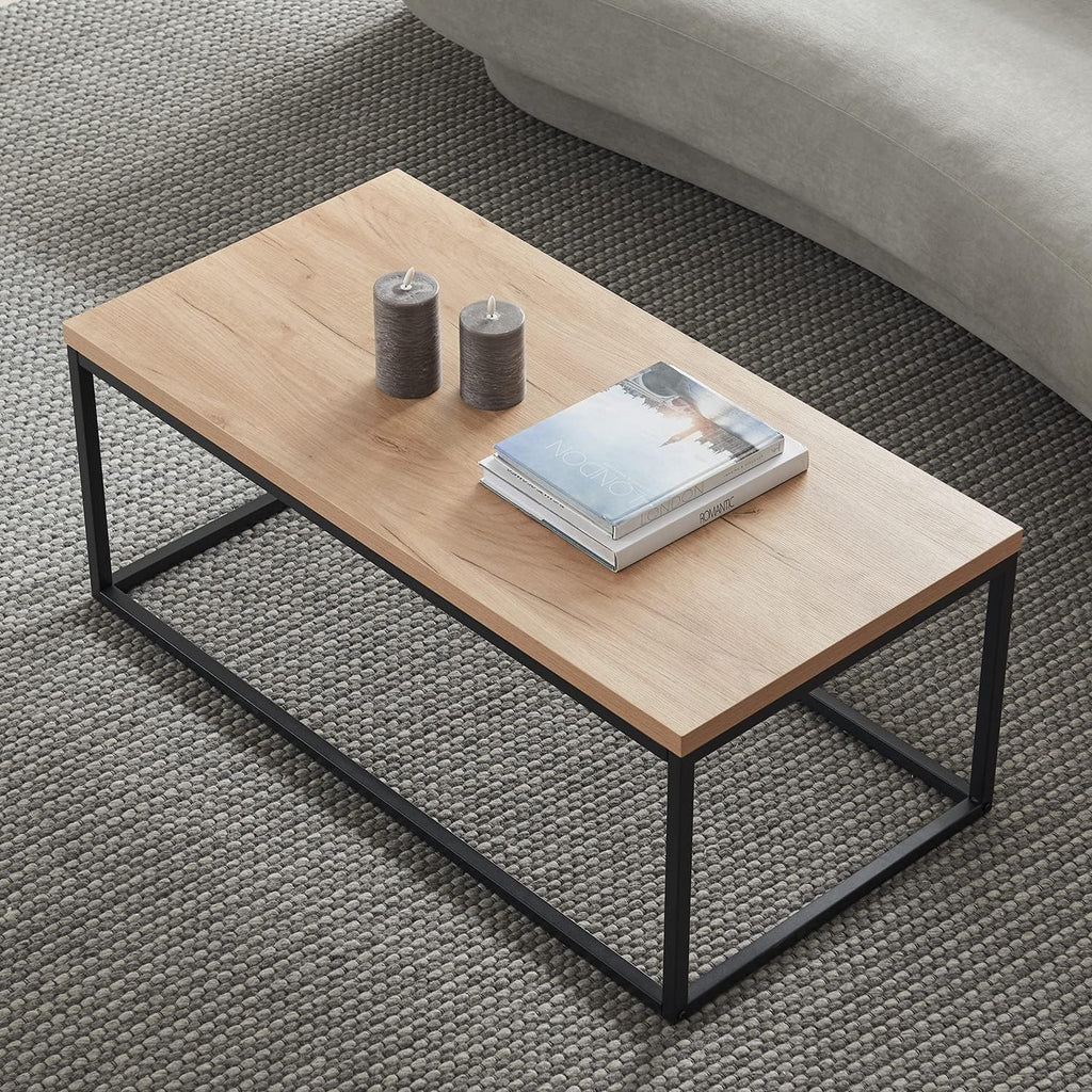 40" Natural Oak Coffee Table, Extra Thick 1.2" Top | Modern Industrial Style, Black Metal Legs, Rectangle Minimalist Design, Sturdy & Easy Assembly