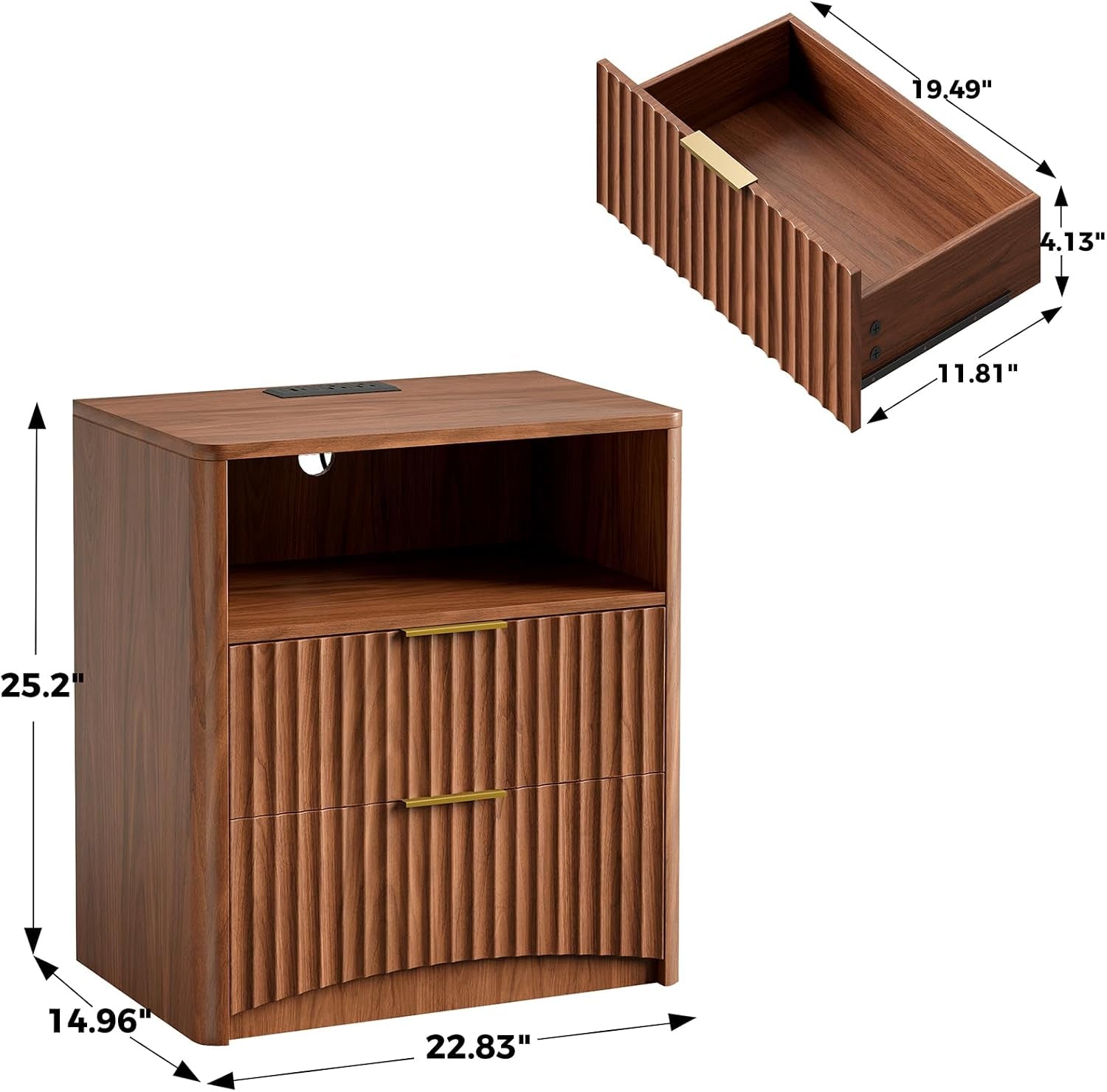Fluted Nightstand with Charging Station and 2 Drawers, Walnut | Mid Century Modern End Table with Drawer and Storage, Large Wood Night Stand for Bedroom, Living Room, Apartment
