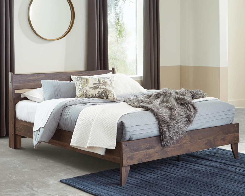Signature Design by Ashley Calverson Queen Size Bed Frame with Headboard | Mocha Brown Engineered Wood, No Box Spring Needed, 600 Lb Capacity, 7-Inch Under-Bed Space
