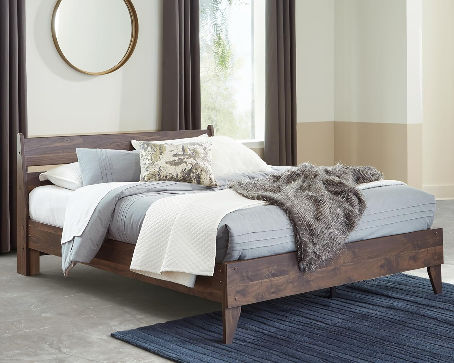 Signature Design by Ashley Calverson Queen Size Bed Frame with Headboard | Mocha Brown Engineered Wood, No Box Spring Needed, 600 Lb Capacity, 7-Inch Under-Bed Space
