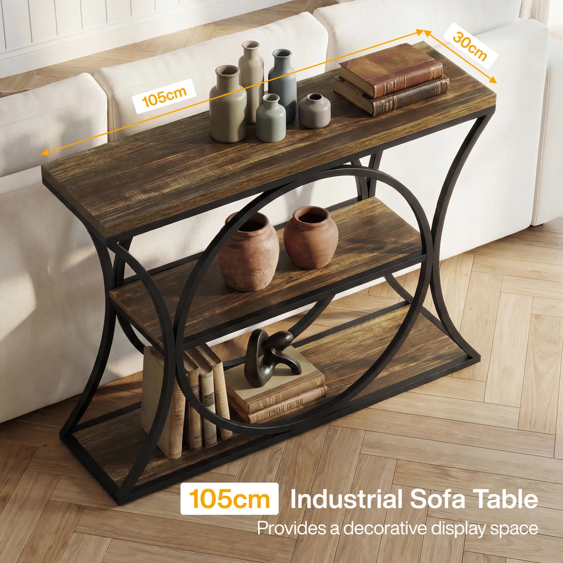 43.34-Inch Industrial Console Table, 3-Tier Sofa Table with Arched Metal Frame, Narrow Accent Entryway Tables with Storage Shelf for Living Room, behind Couch, Hallway, Foyer, Small Spaces