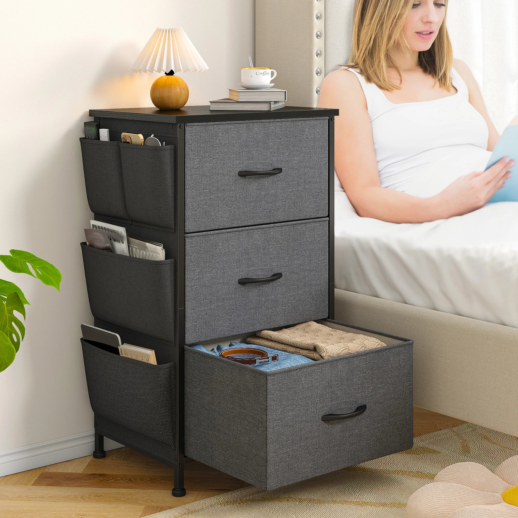 Set of 2 Nightstands, Metal Wood Storage Dresser with 3 Fabric Drawers & Side Storage Pockets for Bedroom, Closet, Hallway, Entryway