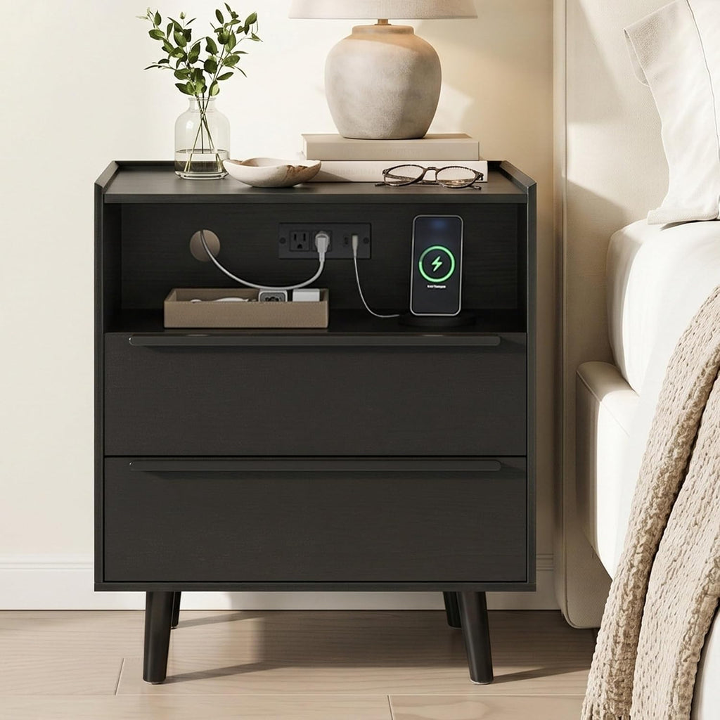 26 Inch Tall Black Oak Nightstand with Charging Station, 2 Drawers | 24 Inch Wide, 16 Inch Deep Design with Raised-Edge Tray Top, Open Shelf, Hidden Storage, and a Streamlined Look