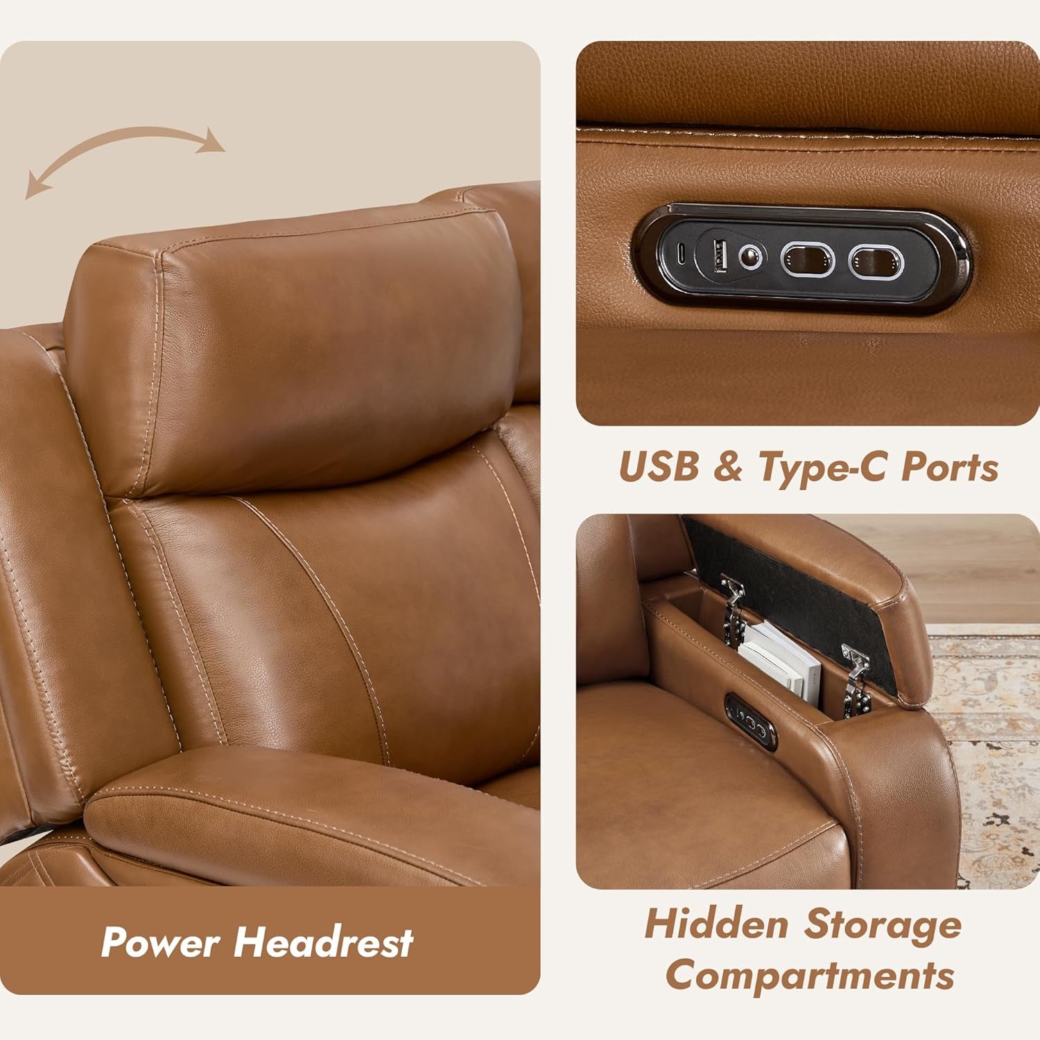 Zero Gravity Power Reclining Sofa with Console, Saddle | Genuine Leather Recliner Sofa, 3-Seater Couch, Flip-Middle Table, Storage Console, Power Headrests, Cup Holders, Living Room