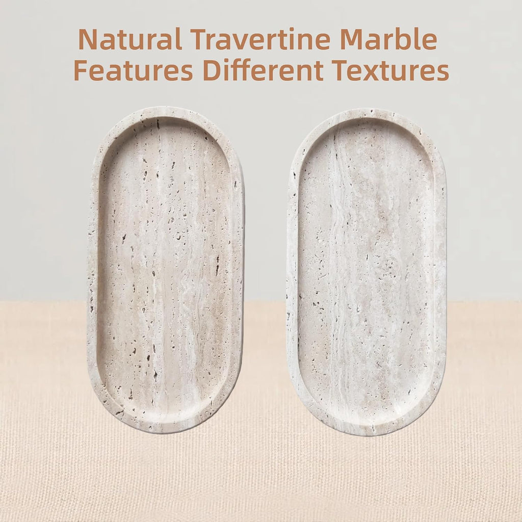 Oval Travertine Tray 4.8 in X 9.8 in for Bathroom Dresser Countertop Organizer, Natural Marble Vanity Tray for Perfume, Candles, Ring, Decorative Jewelry Dish