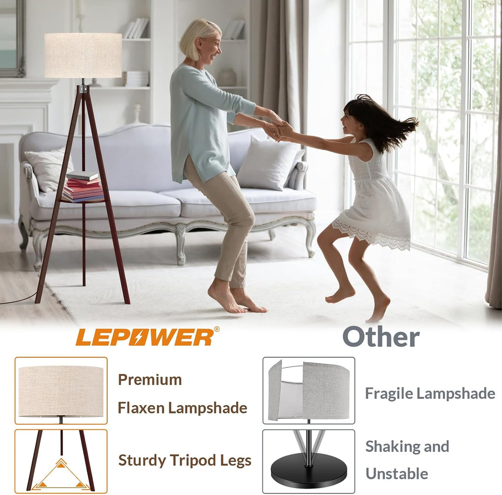 Shelf Floor Lamp Tripod Mid Century Modern Lamps for Living Room | Light-Diffusing Linen Shade, Premium Rubberwood, E26 Base, Foot Switch, Adding Warmth to Bedroom, Office & Corner Walnut