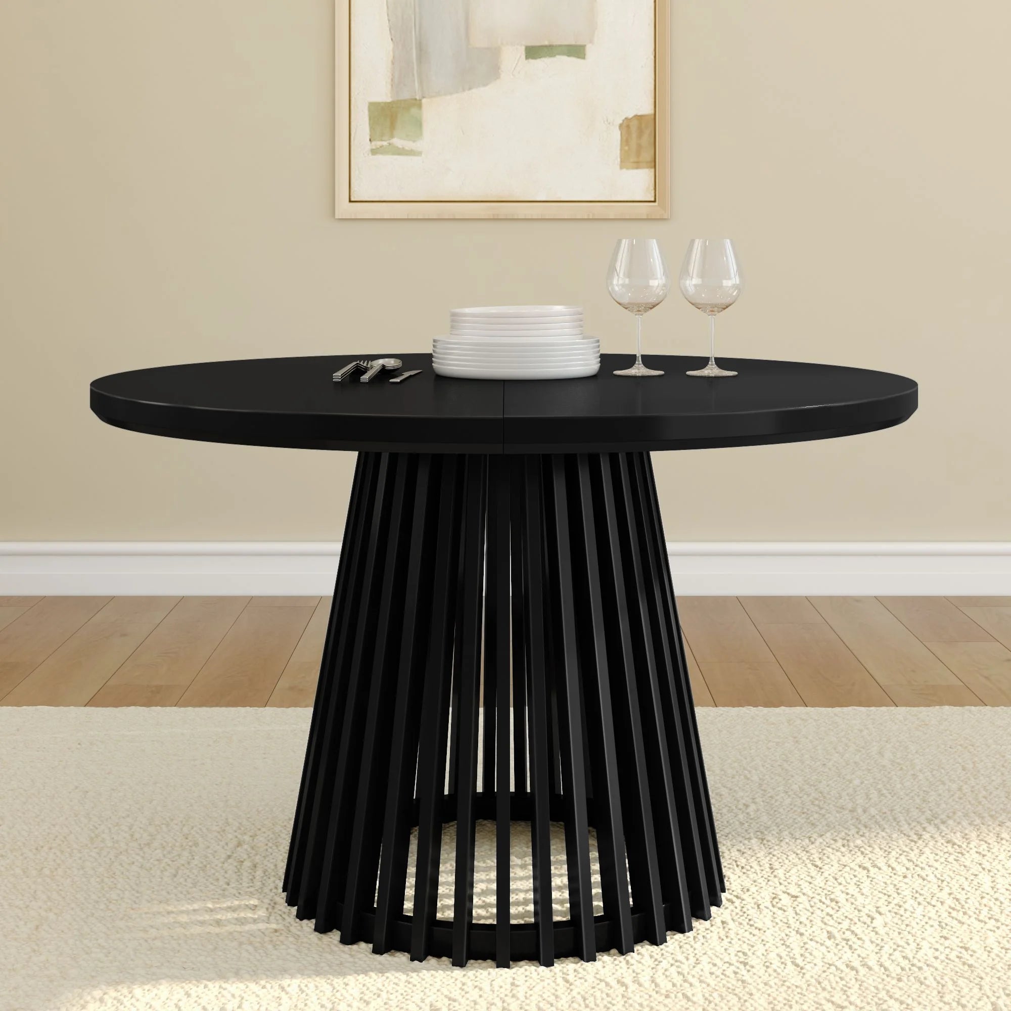 48" Lido round Dining Table, Solid Wood Minimalist Kitchen Table for 4, Black