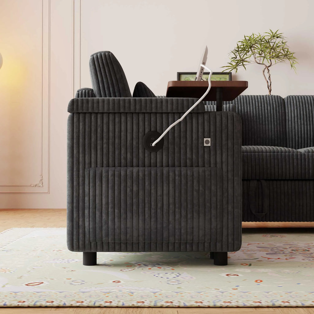 Dark gray corduroy U shaped sleeper sectional