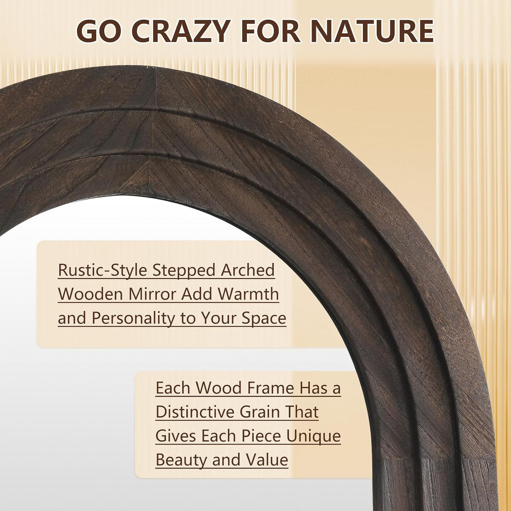 Large Arched Wood Mirror Full Length, 71"X32" Rustic Floor Mirror | Farmhouse with Stand, for Bedroom Living Room Dressing Room Entryway, Free Standing Leaning or Wall Mounted, Brown