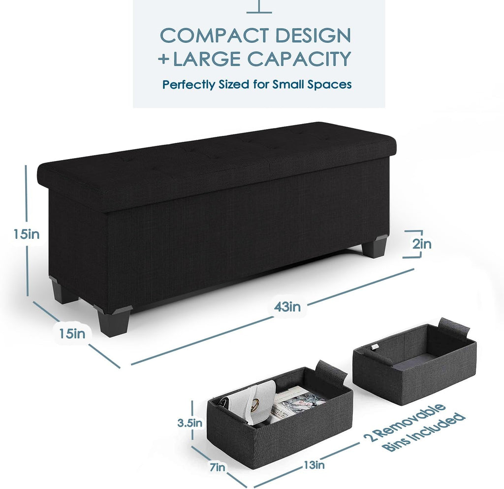 Storage Ottoman Bench with Storage Bins, 43-In Storage Bench for Bedroom End of Bed, Large Ottoman Foot Rest, Black Ottoman with Storage for Living Room, Bench with Storage Max 660Lbs, Fabric Ottoman