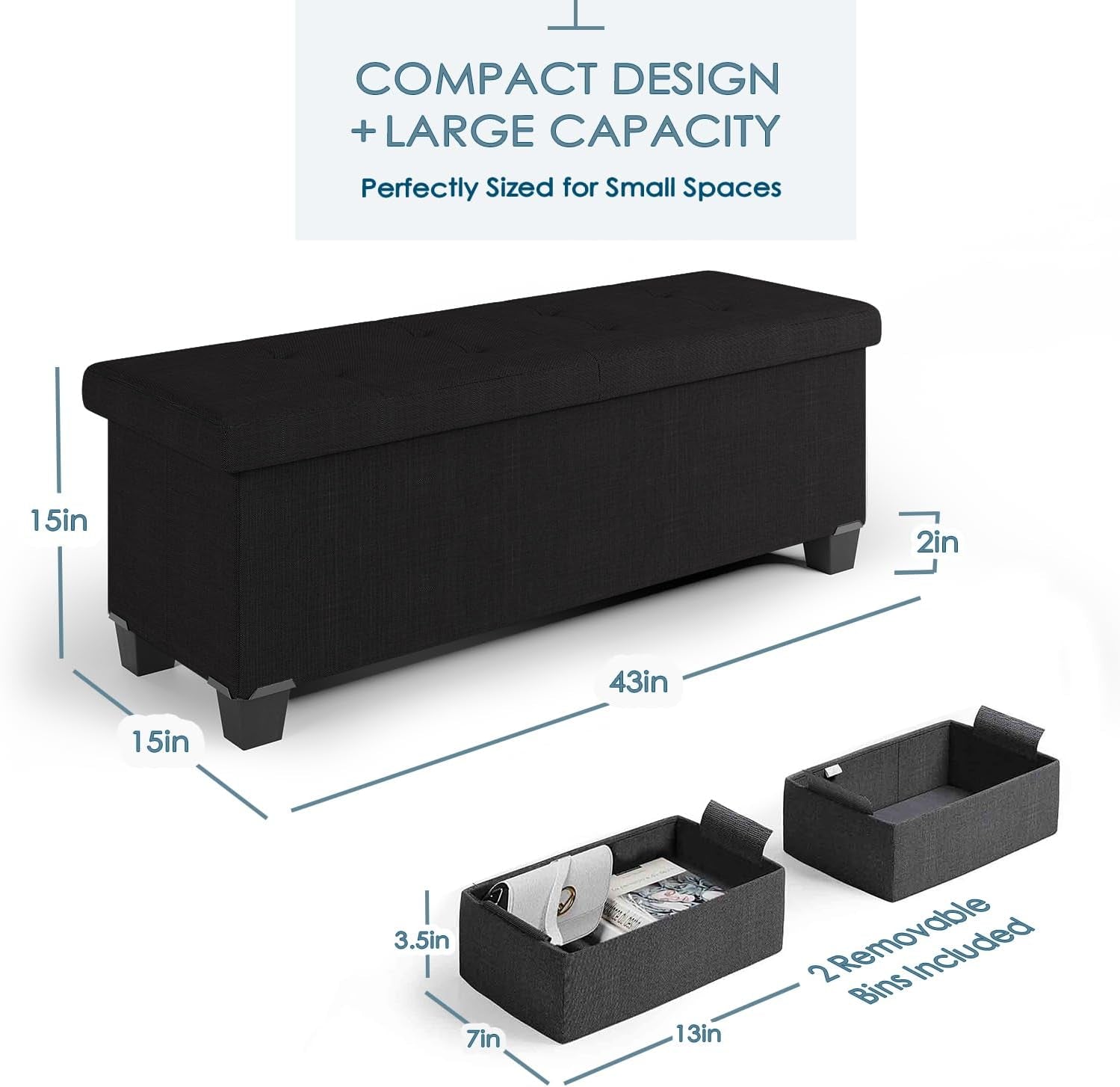 Storage Ottoman Bench with Storage Bins, 43-In Storage Bench for Bedroom End of Bed, Large Ottoman Foot Rest, Black Ottoman with Storage for Living Room, Bench with Storage Max 660Lbs, Fabric Ottoman