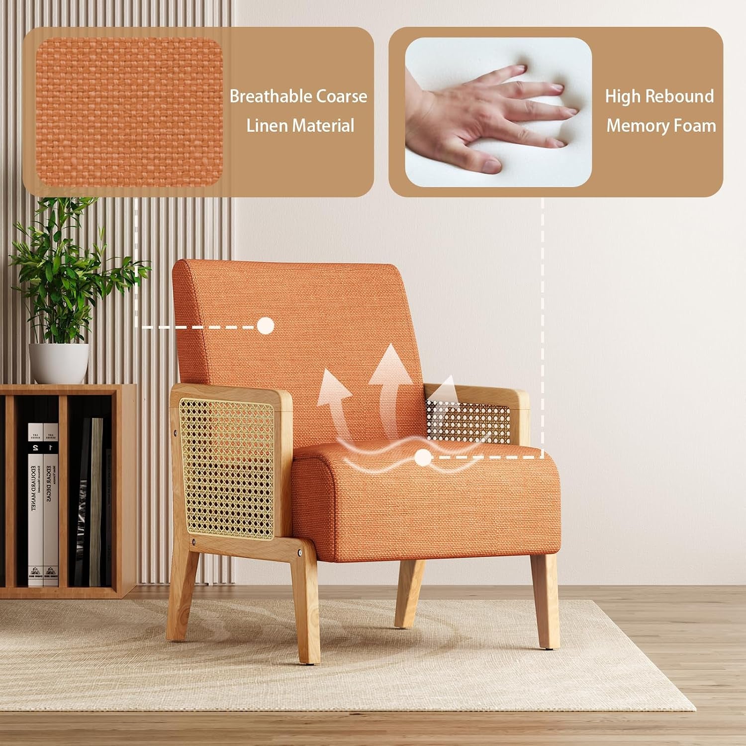Modern Accent Chair with Rattan Armrest, Linen Fabric Arm Chair with Ash Wood Legs, Orange Accent Chair for Living Room, Bedroom, Balcony