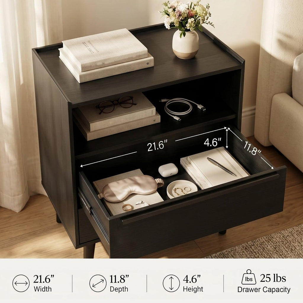 26 Inch Tall Black Oak Nightstand with Charging Station, 2 Drawers | 24 Inch Wide, 16 Inch Deep Design with Raised-Edge Tray Top, Open Shelf, Hidden Storage, and a Streamlined Look