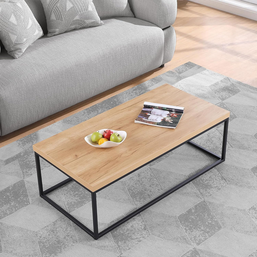 Natural Oak Coffee Table & End Table Set, 3-Piece Living Room Bundle – 47" Rectangle Center Table + 18" Square Side Table, Modern Industrial Wood & Metal Design (White Oak Finish)
