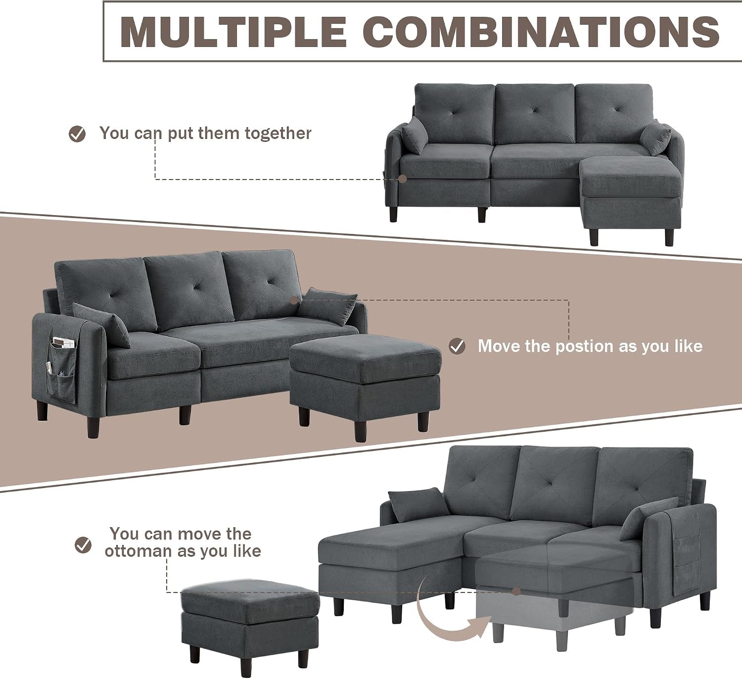 Convertible Sectional Sofa, Small L Shaped 3 Seat Couch with Reversible Storage Chaise, Modern Polyester Fabric Sofa Couches for Living Room, Apartment and Small Space, Dark Grey