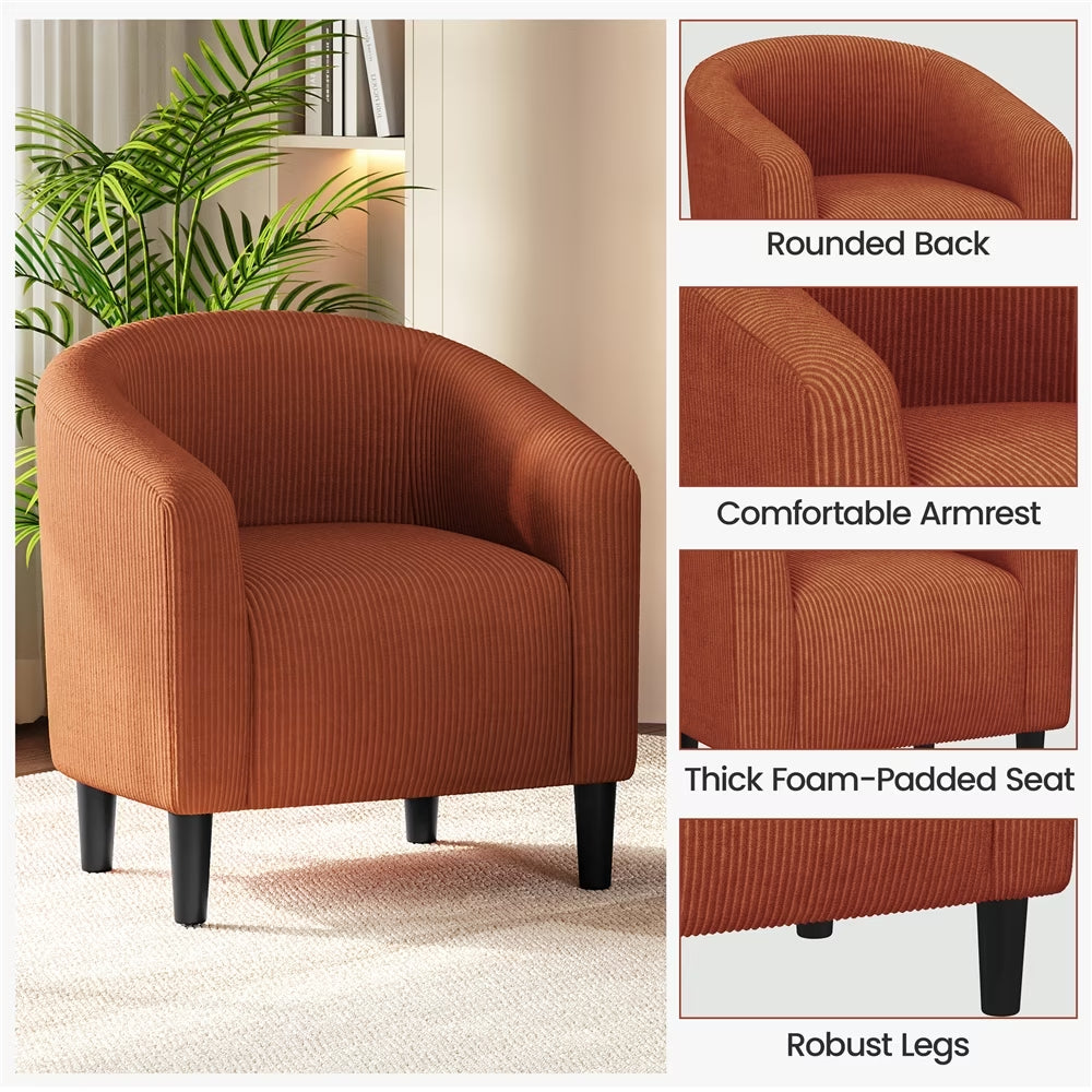 Corduroy Fabric Accent Barrel Chair with Elastic Foam Fills, Brick Red