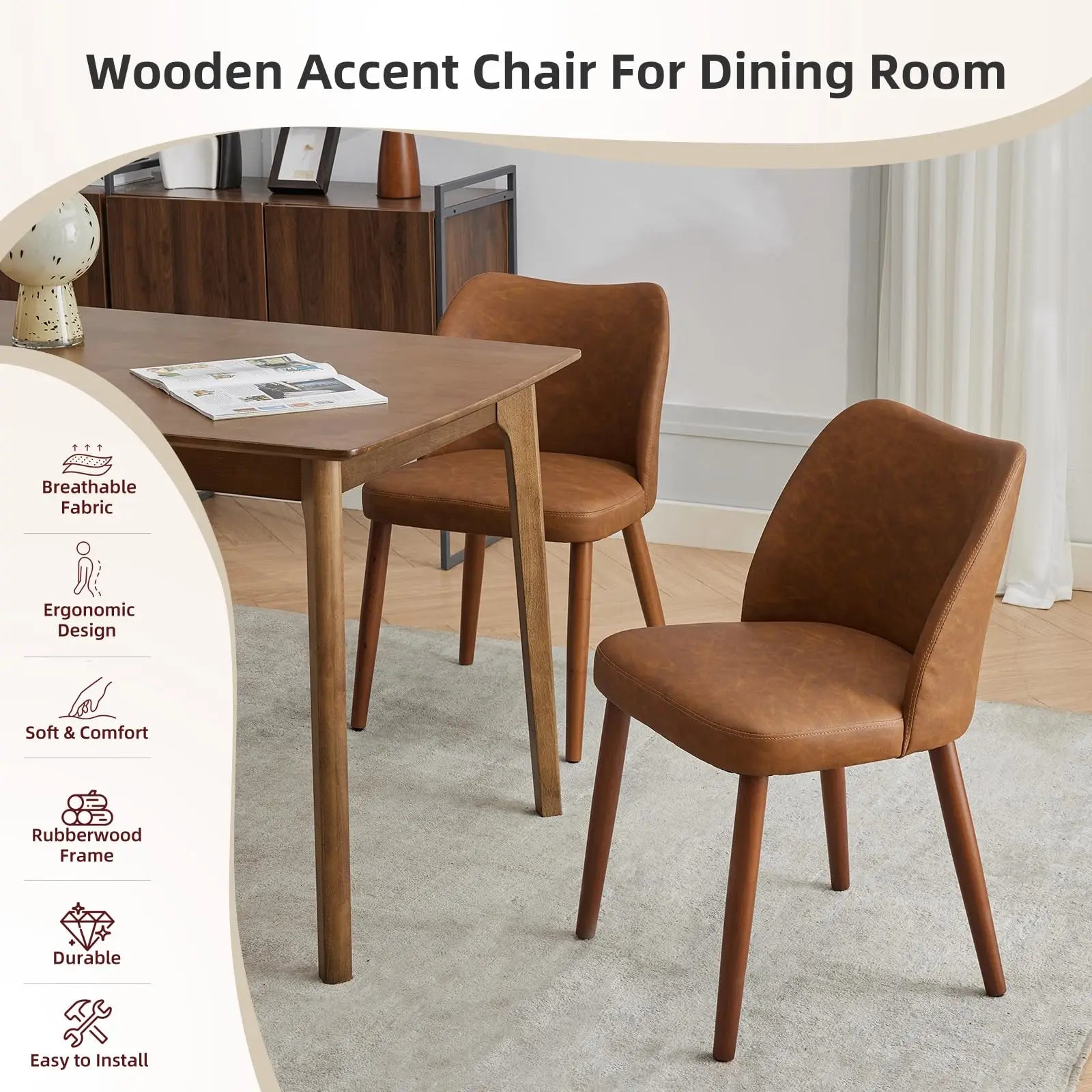 Modern Dining Chairs Set of 2, Comfortable Linen Upholstered Accent Chair with Ergonomic Backrest & Rubberwood Legs, Comfy Kitchen Furniture for Living Room Apartments