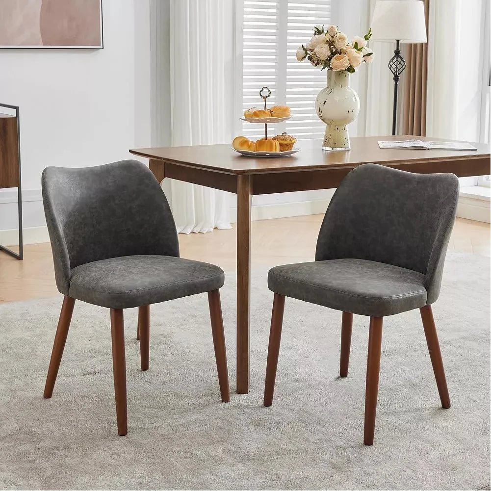 Leather Dining Chairs Set of 2 Upholstered PU Dining Chair with Wood Legs, Wing Backrest, Wooden Kitchen Chairs with Thick Cushi