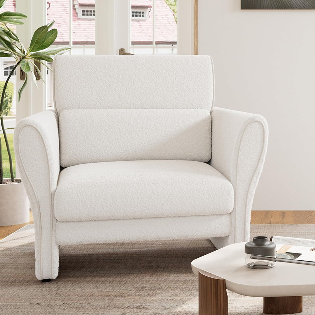 Modern Accent Chair, Boucle Upholstered Armchair for Living Room, Mid-Century Lounge Chair, Comfy Single Sofa for Bedroom, Ivory