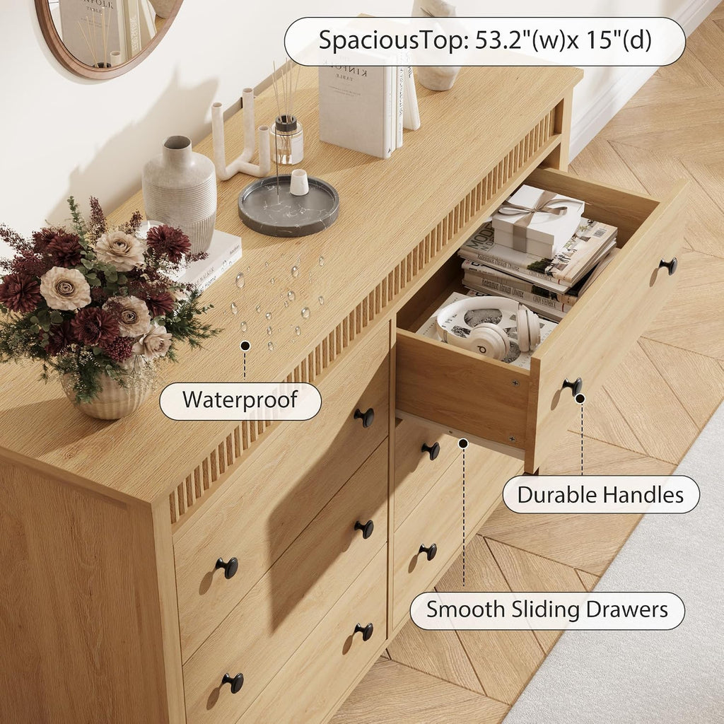 47" Fluted TV Stand with 6 Drawers, Modern Oak Media Console Cabinet, Wood Entertainment Center Storage Organizer for Living Room, Bedroom, Hallway, Entryway