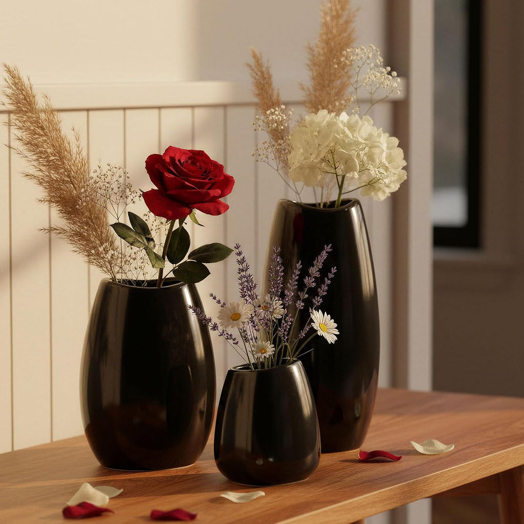 Ceramic Vase Set of 3 Black Flower Vase for Home Decor, Modern Decorative Vase for Flowers/Ideal Shelf Decor/Table/Living Room/Kitchen/Office-Black