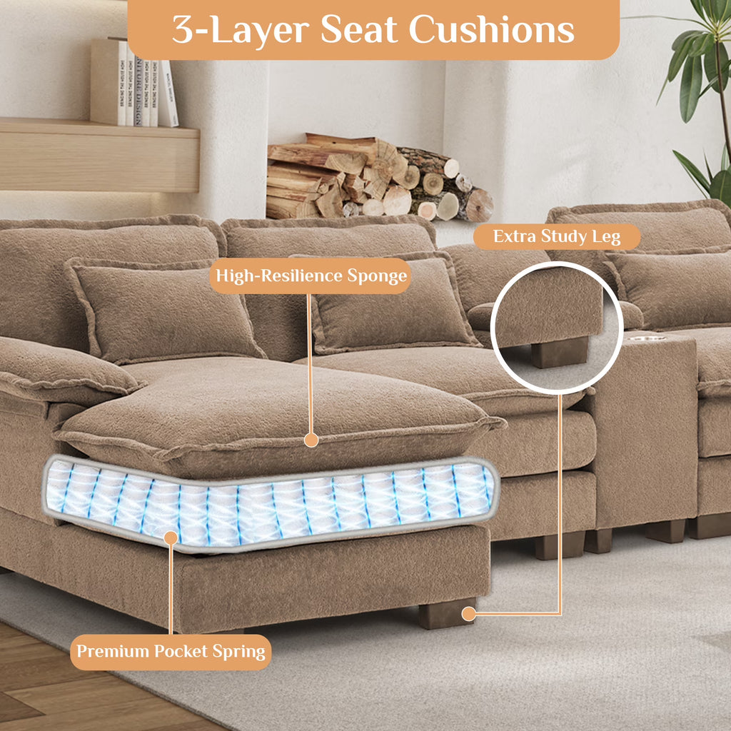 133" U Shaped Cloud Couch Modular Sectional Couches for Living Room Fluffy Chenille Deep Seat Sofa Set with Double Chaise Lounge, Storage Central Console, Cup Holders, USB Port, Light Brown