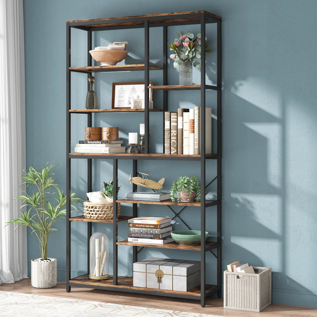 79 Inches Bookcase with Open Shelves, 9-Tier Industrial Bookshelf, 10 Cubes Etagere Storage Shelves Display Shelf