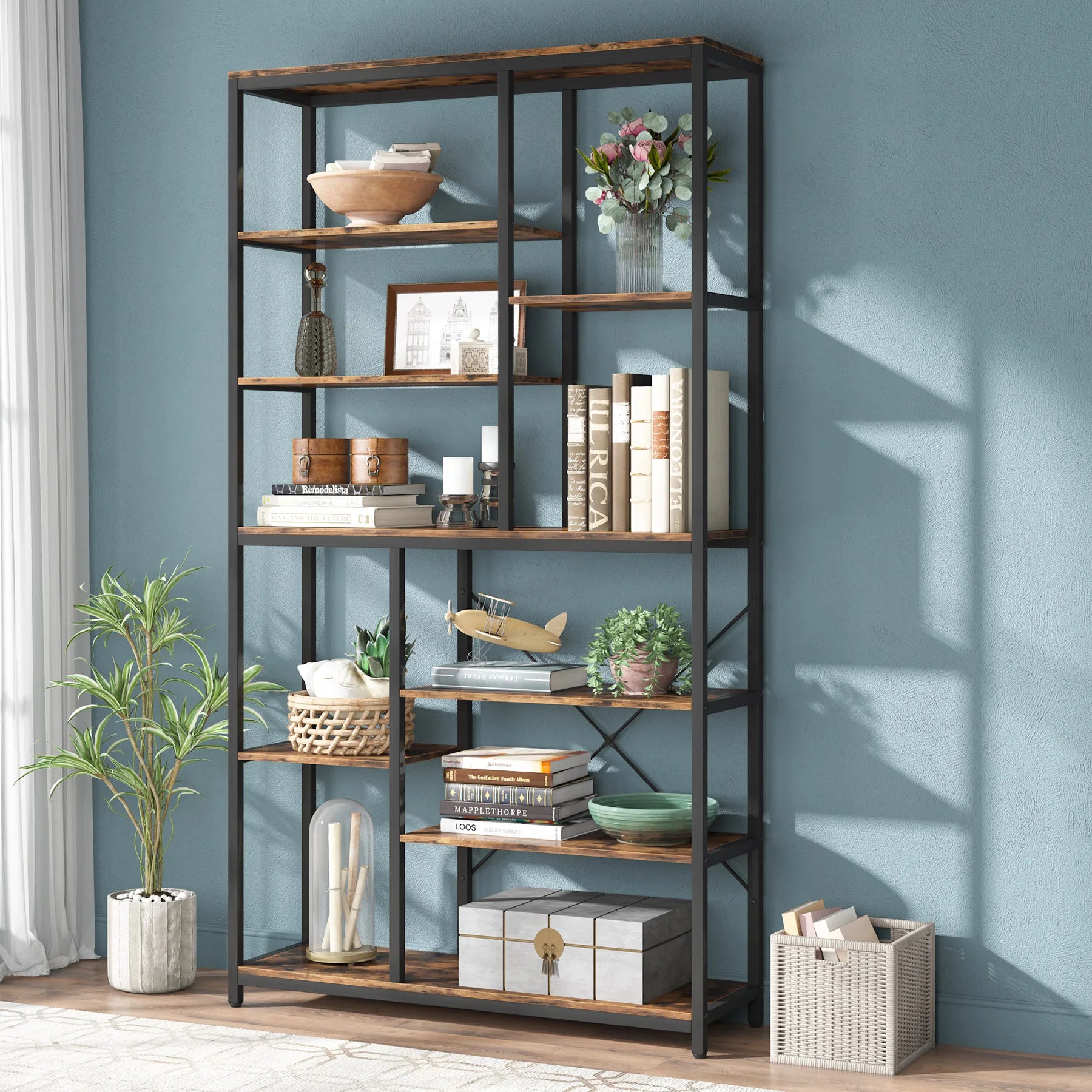 79 Inches Bookcase with Open Shelves, 9-Tier Industrial Bookshelf, 10 Cubes Etagere Storage Shelves Display Shelf