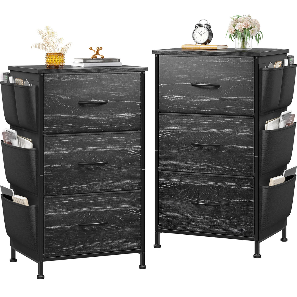 Set of 2 Nightstands, Metal Wood Storage Dresser with 3 Fabric Drawers & Side Storage Pockets for Bedroom, Closet, Hallway, Entryway