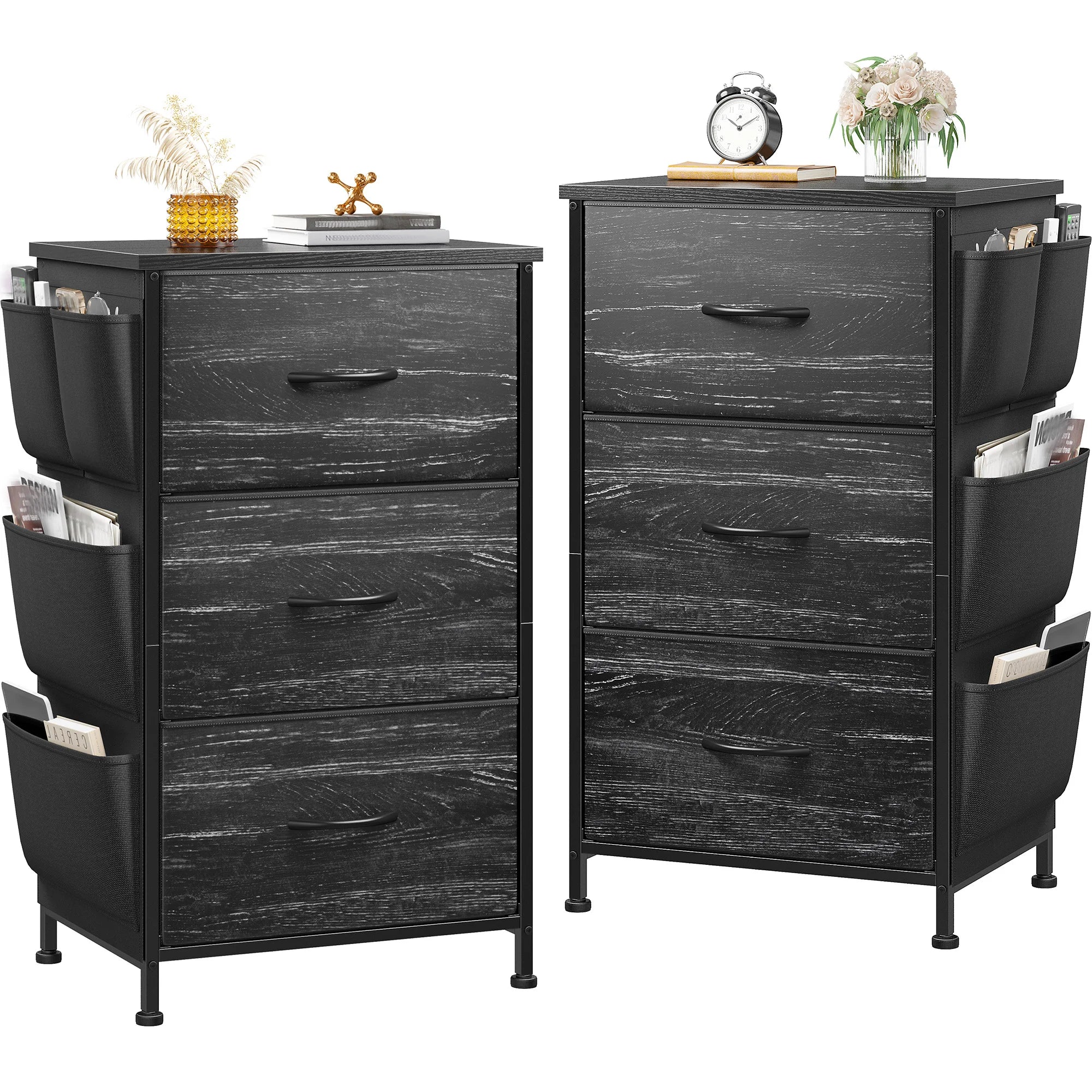 Set of 2 Nightstands, Metal Wood Storage Dresser with 3 Fabric Drawers & Side Storage Pockets for Bedroom, Closet, Hallway, Entryway