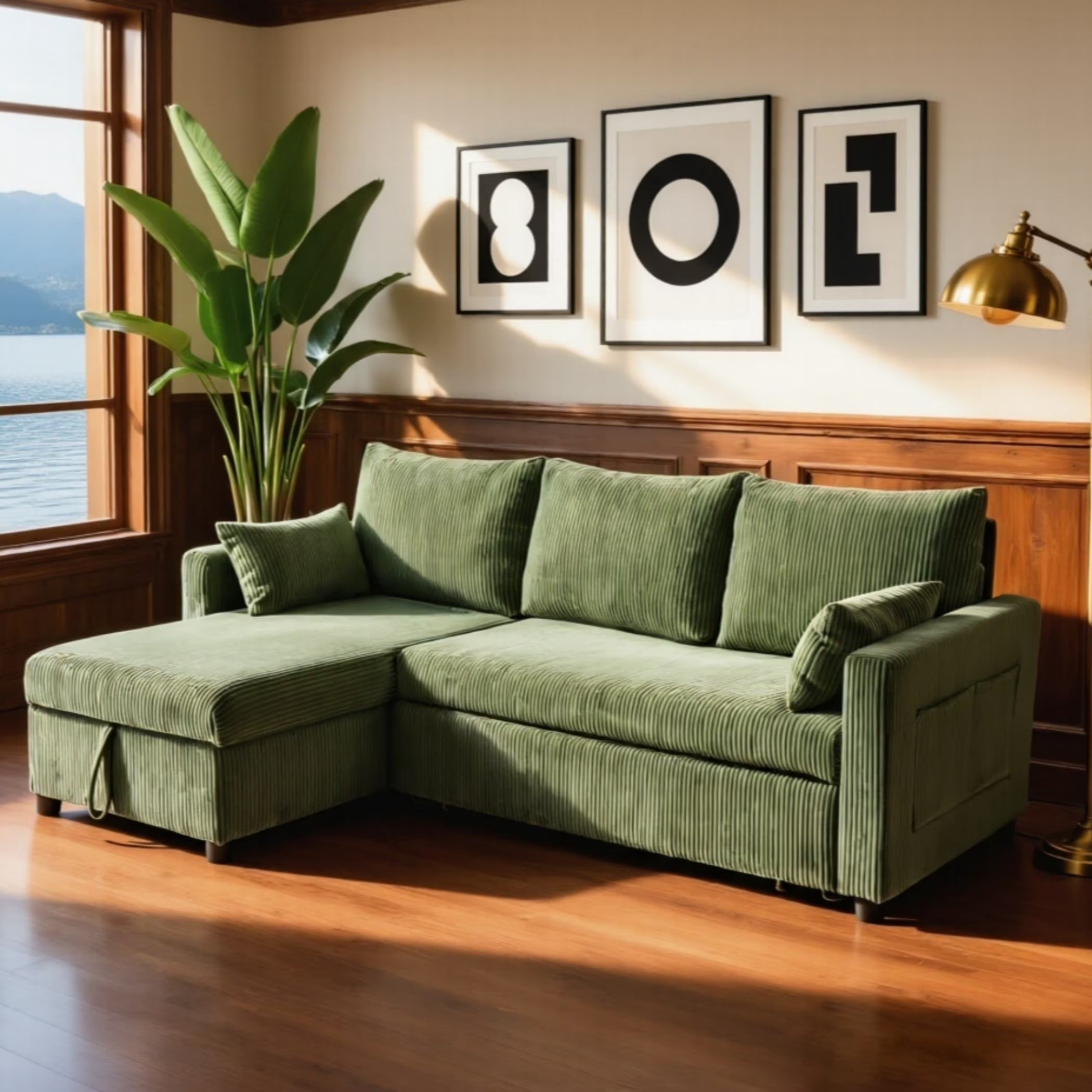 Olive drab corduroy L shaped sleeper sectional