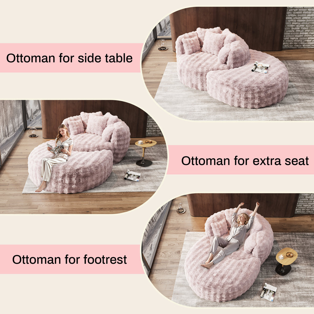 55" W Oversized Chaise Lounge Chair Indoor with Ottoman,Round Reading Sofa Couch with Thickened Backrest & 5 Pillows for Living Room,Pink