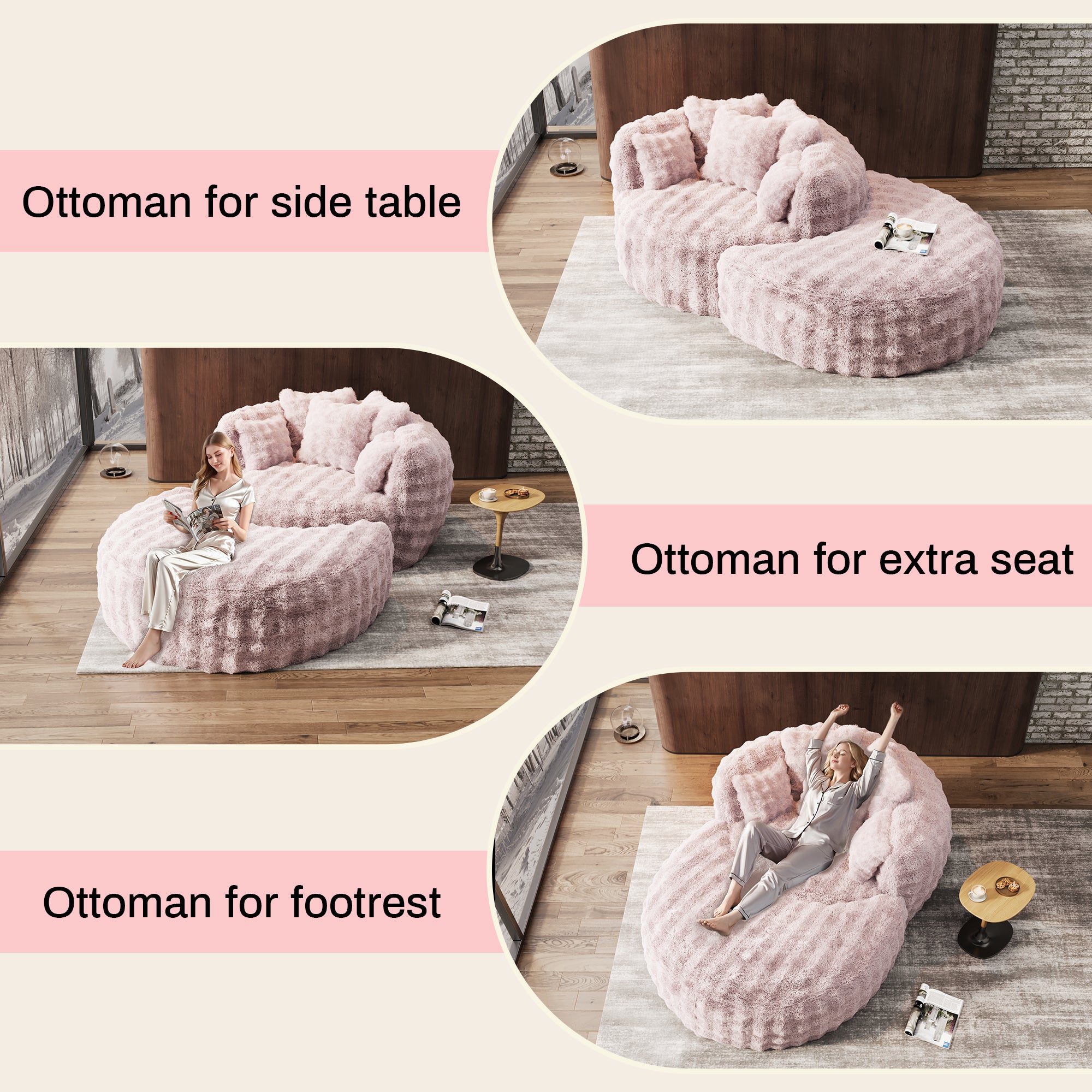 55" W Oversized Chaise Lounge Chair Indoor with Ottoman,Round Reading Sofa Couch with Thickened Backrest & 5 Pillows for Living Room,Pink