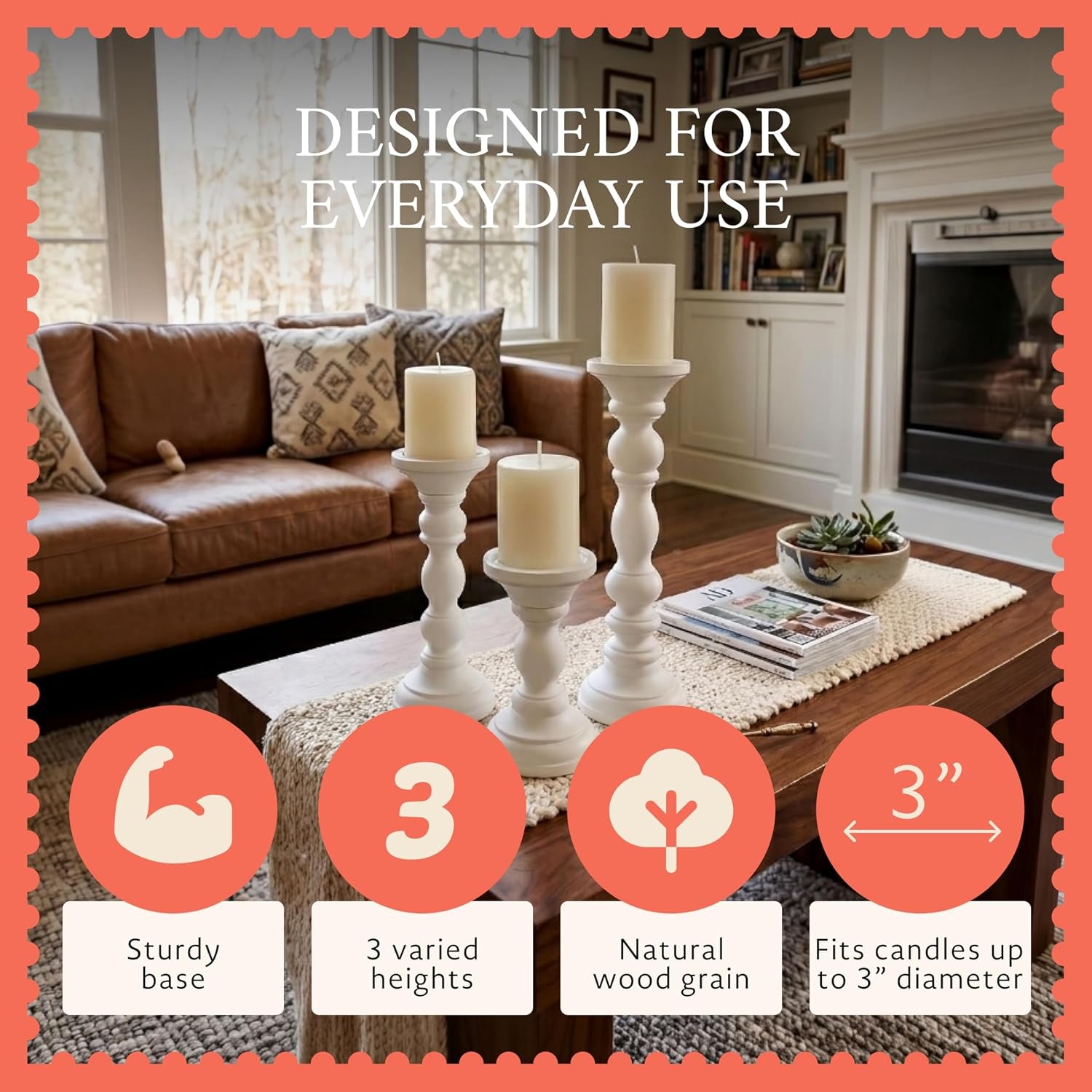 Willow Mango Wood Candle Holders - Matte White, Set of 3 | 6", 9" and 12" Hand-Carved Candle Holders for Table, Mantel and Living Room Décor Featuring Detailed Artisan Styling.
