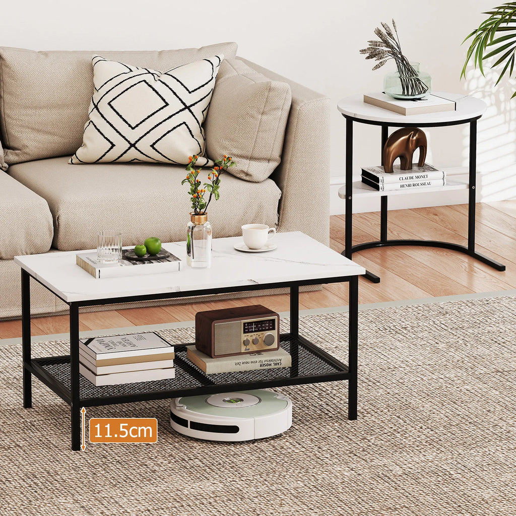 Coffee Table Set of 2, 2-Tier Coffee Table and Side End Table W/ Storage Shelves