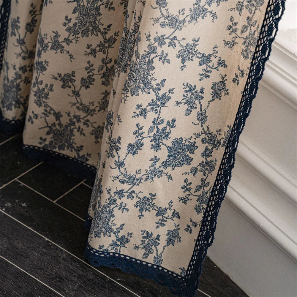 Flower Curtains for Living Room Bedroom Lace Trim Linen Curtains Farmhouse Window Drapes for Lounge Room Home Decor