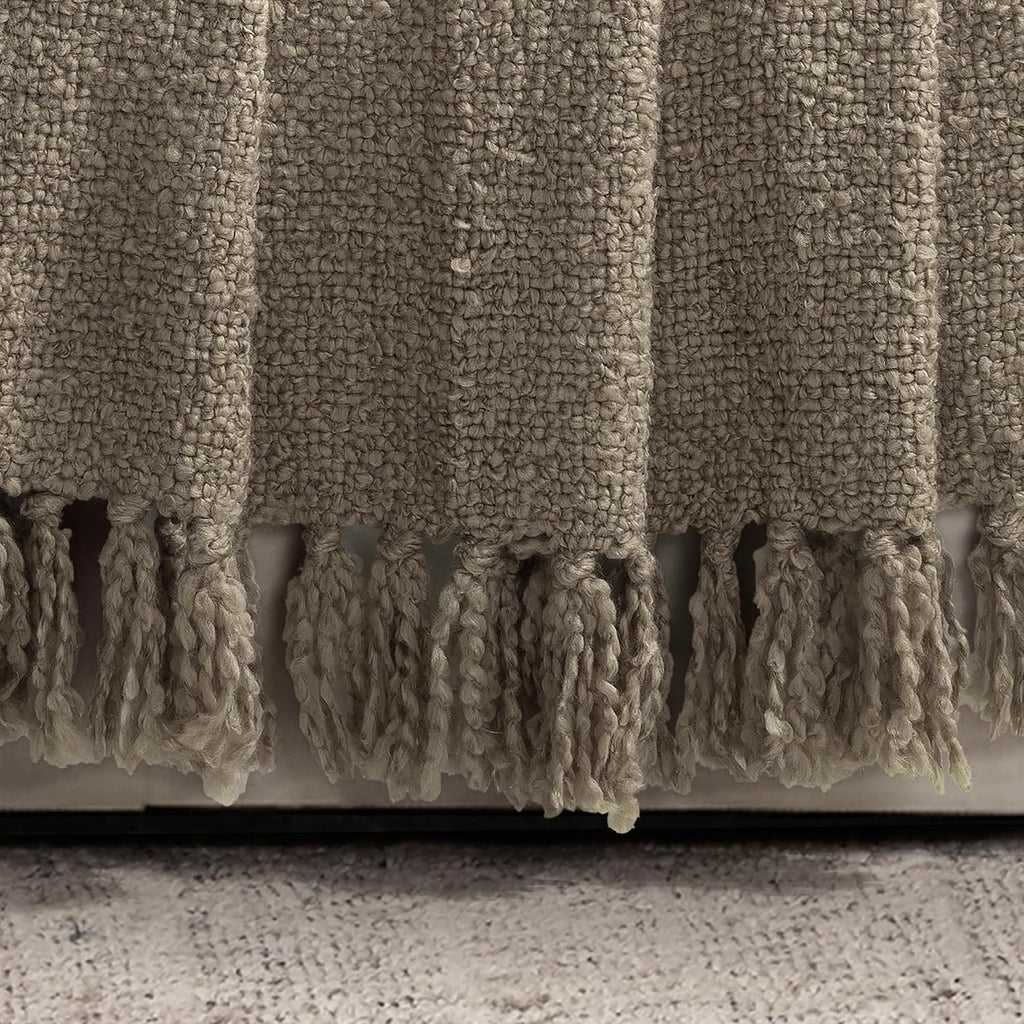 Tulum Boucle Textured Woven Fringed Throw Blanket Single 50" W X 60" L Neutral - Soft Cozy Blanket for Bed, Couch or Chair - Modern Boho Home Decor