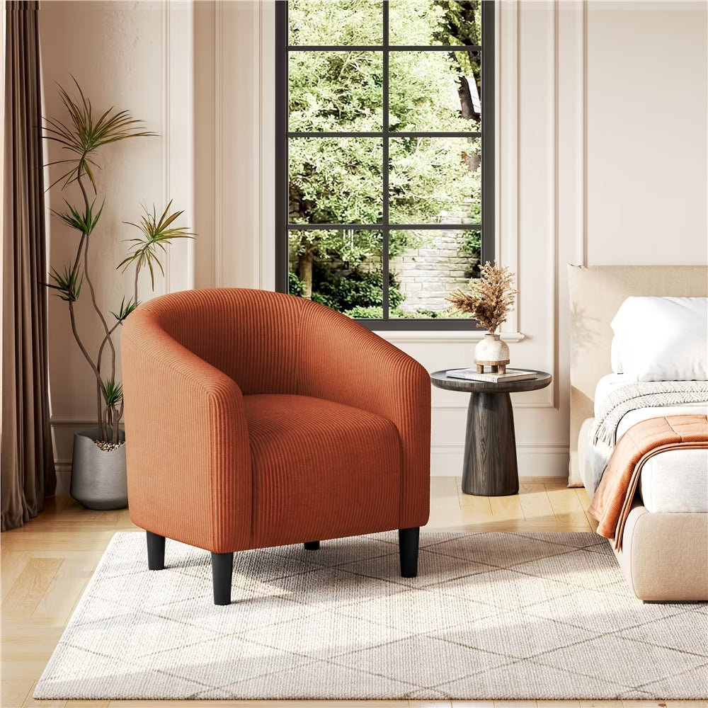 Corduroy Fabric Accent Barrel Chair with Elastic Foam Fills, Brick Red