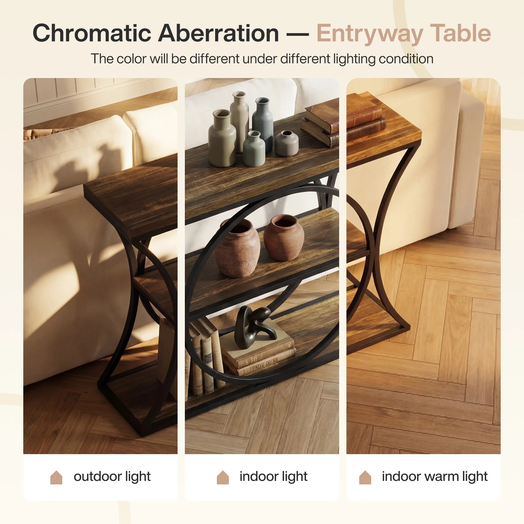 43.34-Inch Industrial Console Table, 3-Tier Sofa Table with Arched Metal Frame, Narrow Accent Entryway Tables with Storage Shelf for Living Room, behind Couch, Hallway, Foyer, Small Spaces