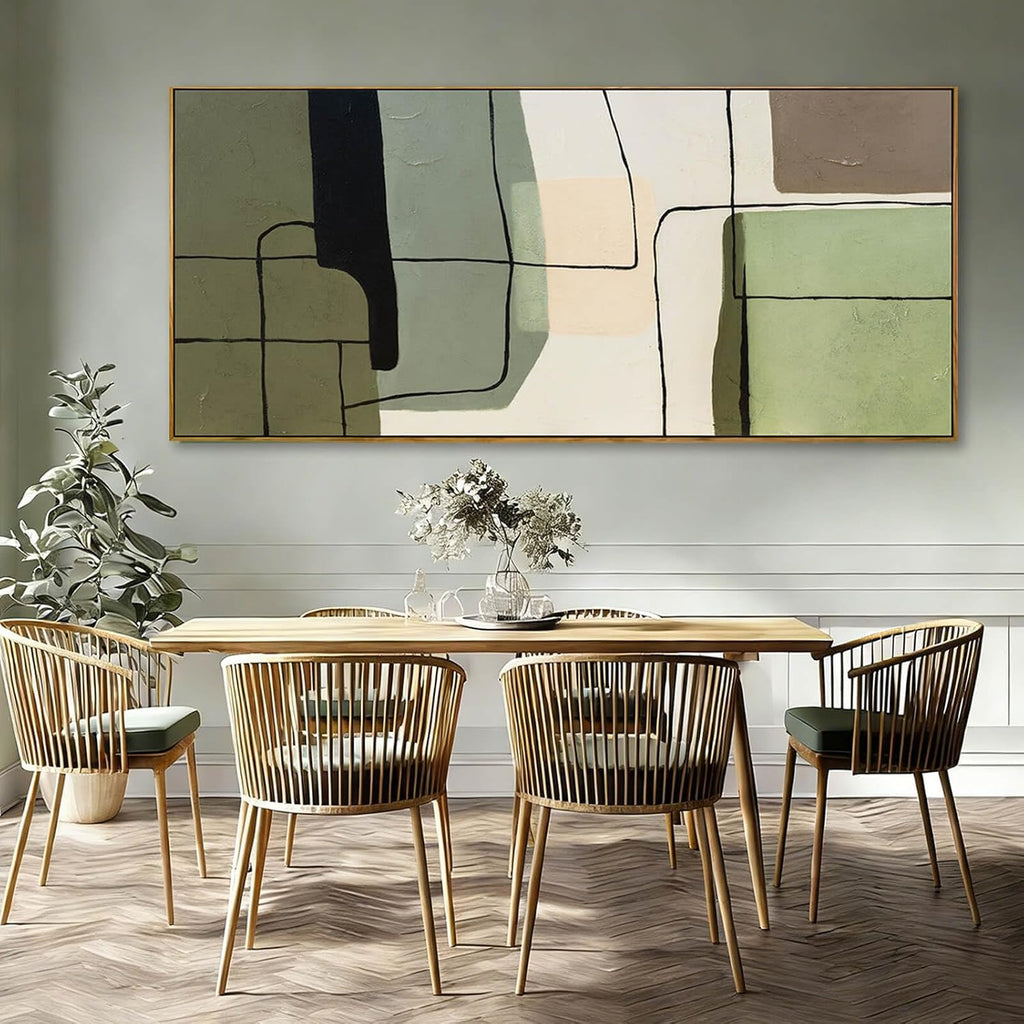 Green and beige abstract framed canvas wall art