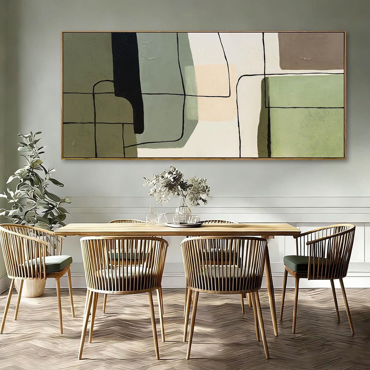 Green and beige abstract framed canvas wall art