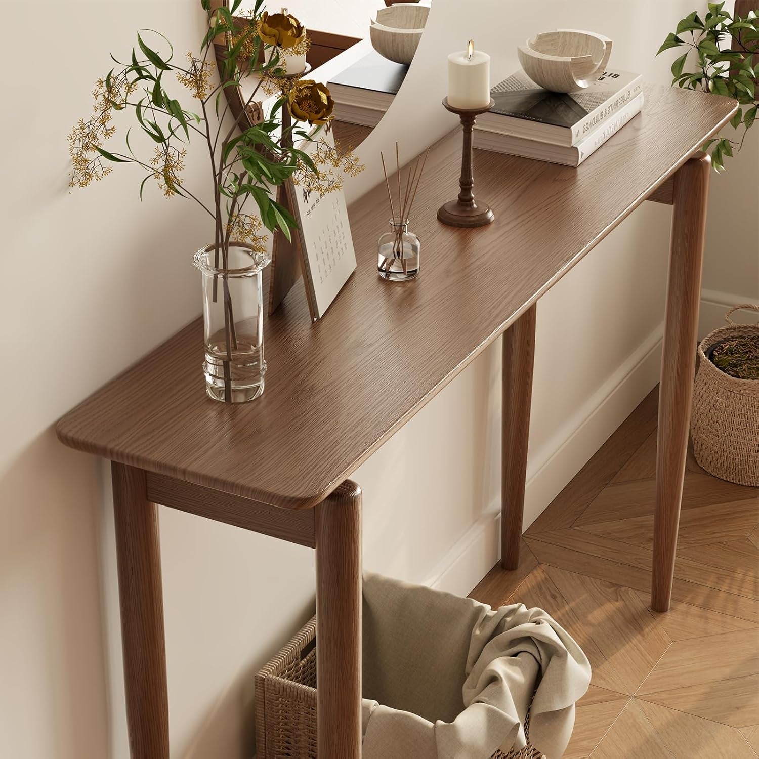 Wood Console Table Walnut Entryway Table, Thin Console Table, Sofa Tables for Living Room (47.2'')