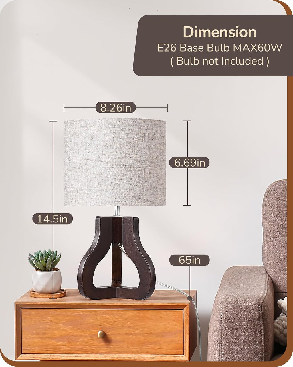 14.6" Small Table Lamp, Walnut Wood Nightstand Lamp, E26 Base | Beige Linen Shade, On-Off Line Switch, Tripod Base, Cute Bedside Lamp for Living Room, Bedroom, Office