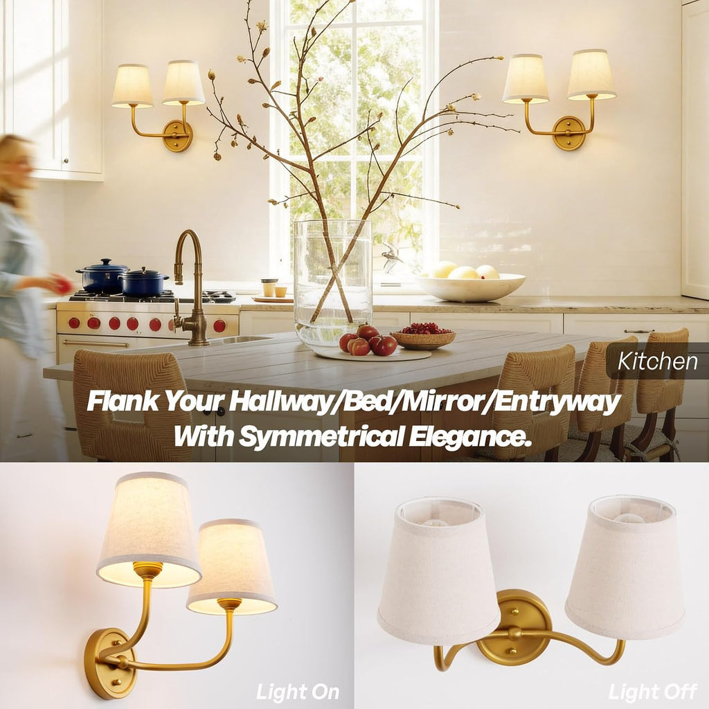 2-Light Vintage Wall Sconce,Brass Gold Double Wall Sconces with Linen Fabric Shade Hardwired Bathroom Vanity Light for Bedroom Living Room Bedside Kitchen Hallway Indoor E26 Base