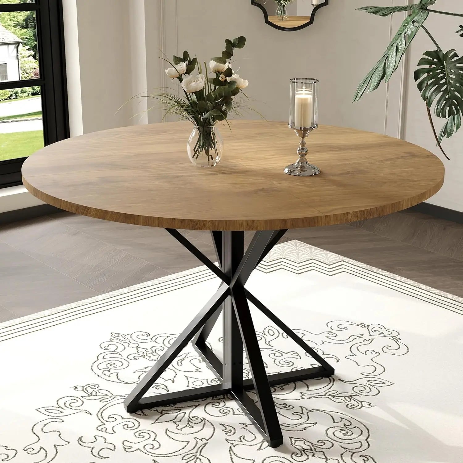 47" round Dining Table for 4, Wood Top & Heavy-Duty Metal Pedestal Dinner Table for Dining Room, Kitchen, Living Room Farmhouse