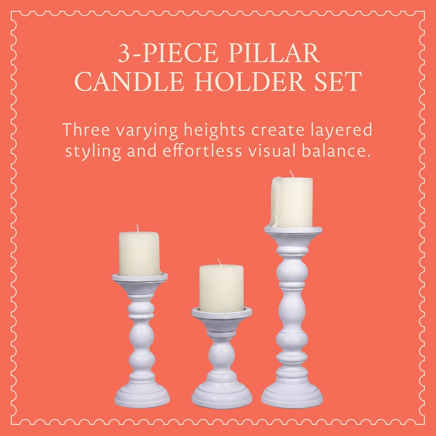 Willow Mango Wood Candle Holders - Matte White, Set of 3 | 6", 9" and 12" Hand-Carved Candle Holders for Table, Mantel and Living Room Décor Featuring Detailed Artisan Styling.