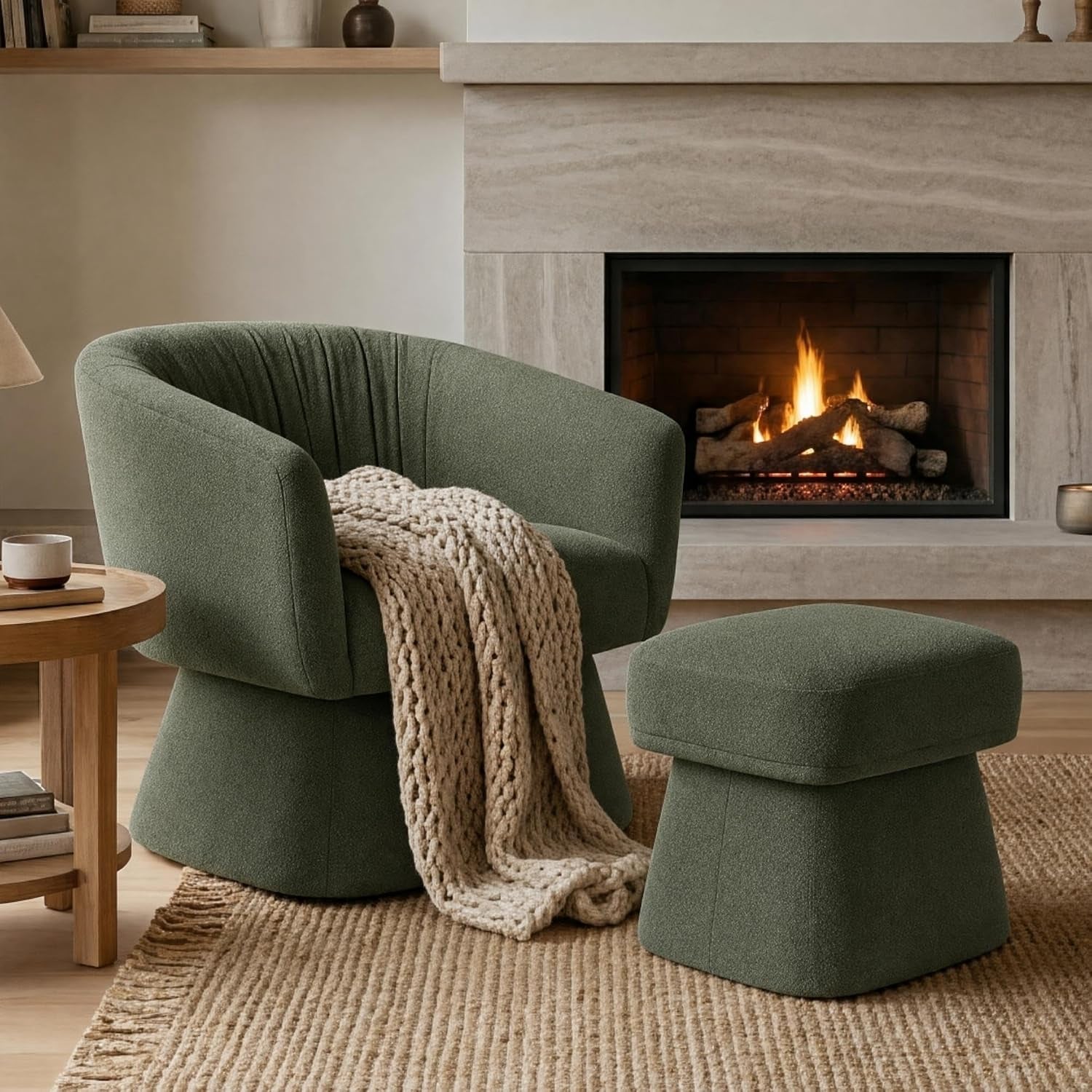 Swivel Accent Chair with Ottoman, Upholstered Barrel Accent Chair, Modern Accent Chair with Pleated Backrest and Arms, Boucle Armchair for Living Room Bedroom, Green